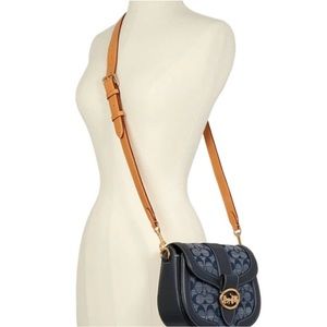 Coach Georgie Saddle Bag in Signature Chambray Navy blue with Burgundy Interior